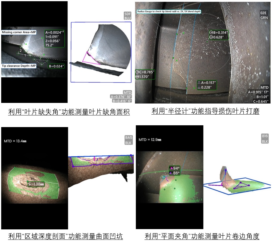 葉片缺失角、半徑計(jì)、區(qū)域深度剖面、平面夾角等測(cè)量模式